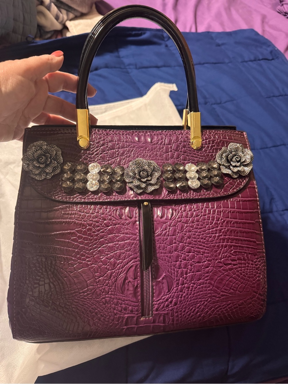Purple Croc-Effect Floral Embellished Top-Handle handbag purse